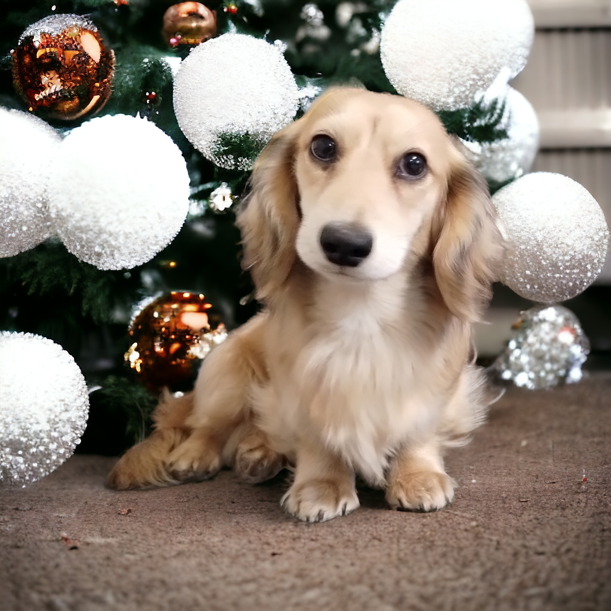 James the cream long-haired dachshund with Christmas tree decorations
