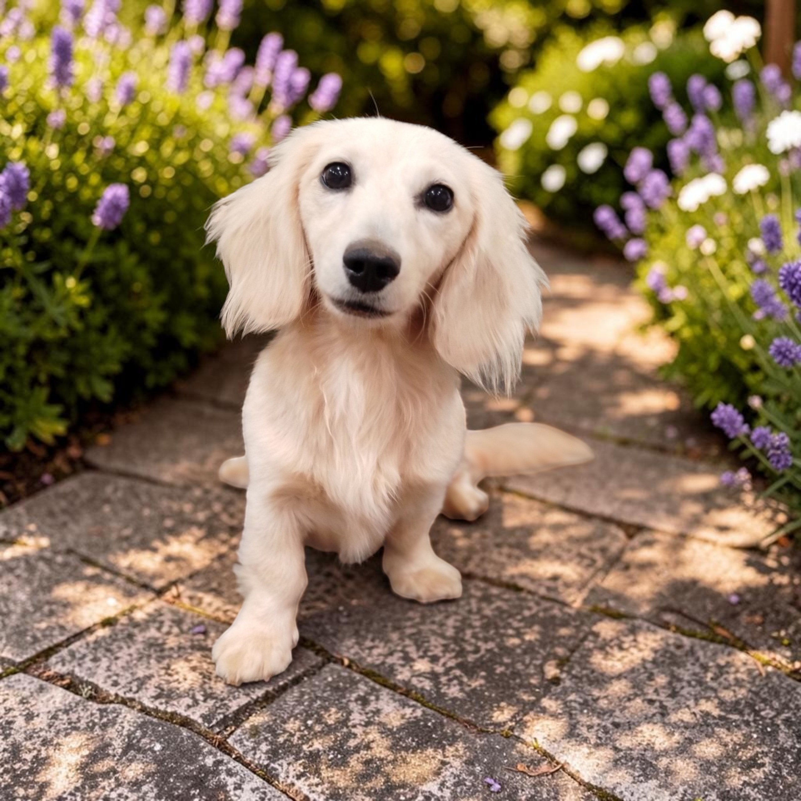 Allie the cream long-haired dachshund sitting on a garden path surrounded by lavender