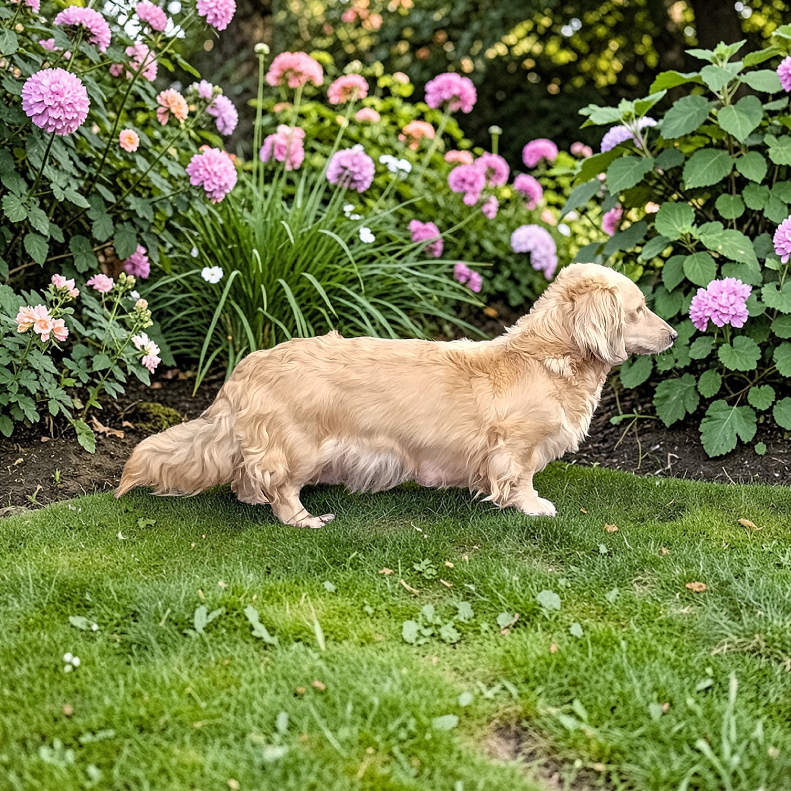 River the cream long-haired dachshund in a garden with pink flowers
